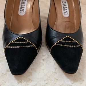 Vintage Bally Black Leather & Suede Pumps w Gold